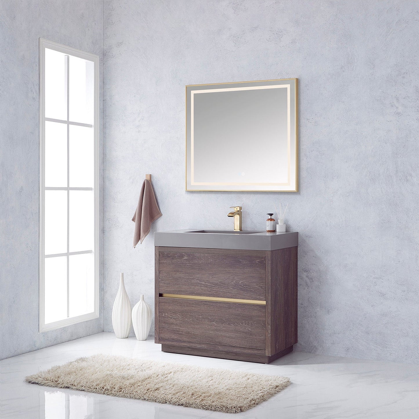 Huesca 36" Single Sink Bath Vanity in North Carolina Oak with Grey Composite Integral Square Sink Top