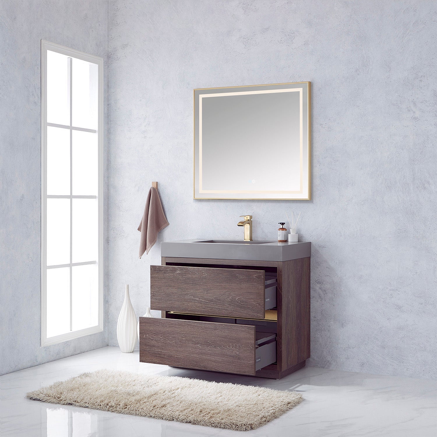 Huesca 36" Single Sink Bath Vanity in North Carolina Oak with Grey Composite Integral Square Sink Top