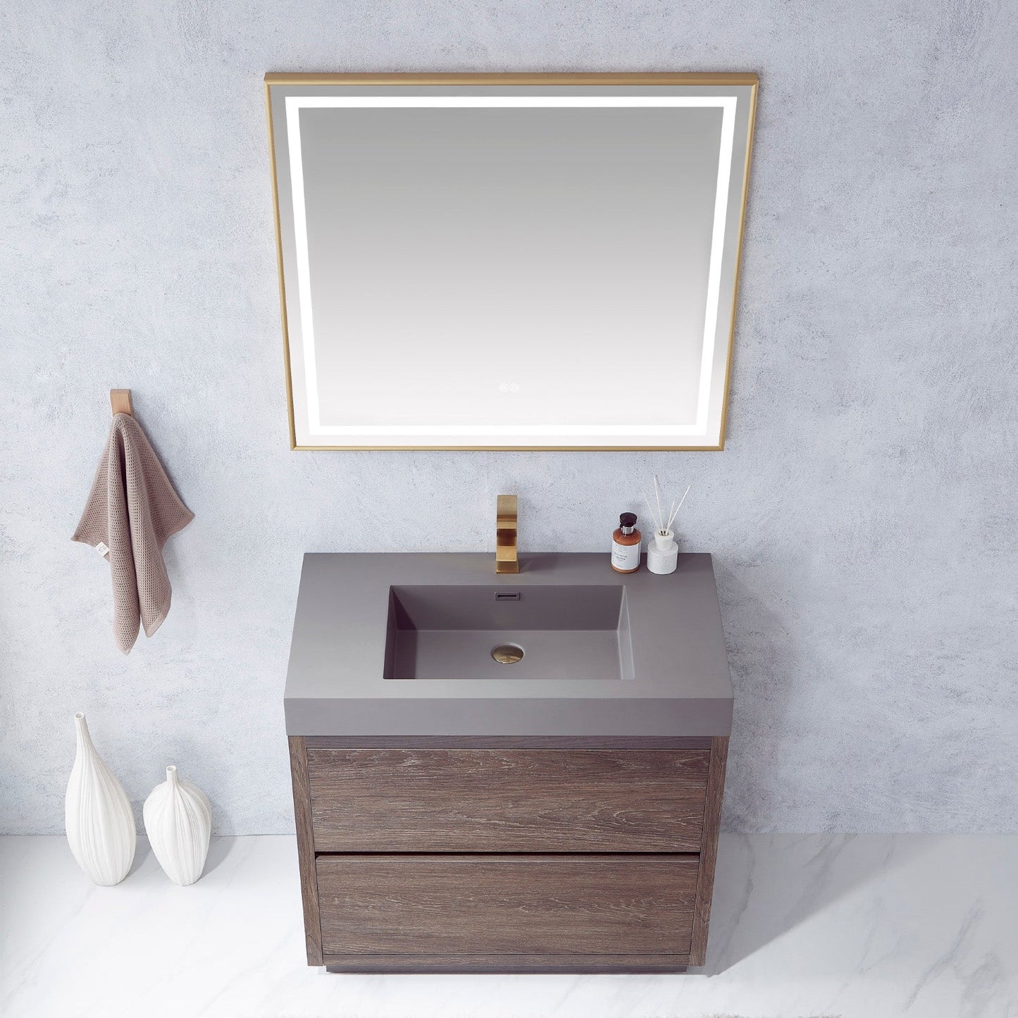 Huesca 36" Single Sink Bath Vanity in North Carolina Oak with Grey Composite Integral Square Sink Top