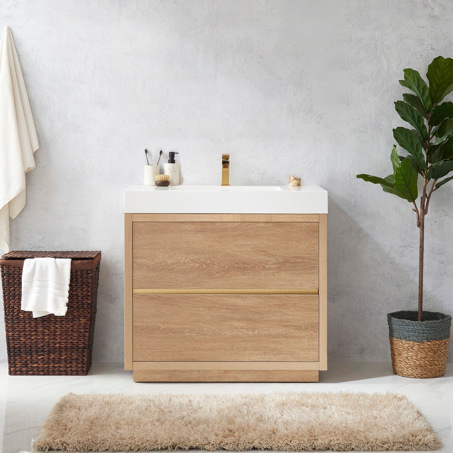 Huesca 36" Single Sink Bath Vanity in North American Oak with White Composite Integral Square Sink Top