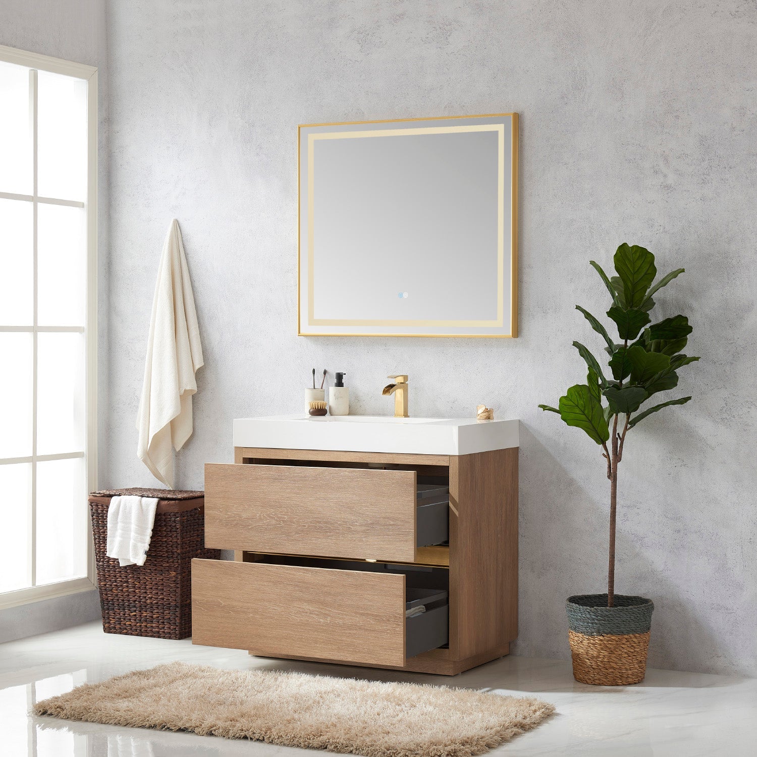 Huesca 36" Single Sink Bath Vanity in North American Oak with White Composite Integral Square Sink Top