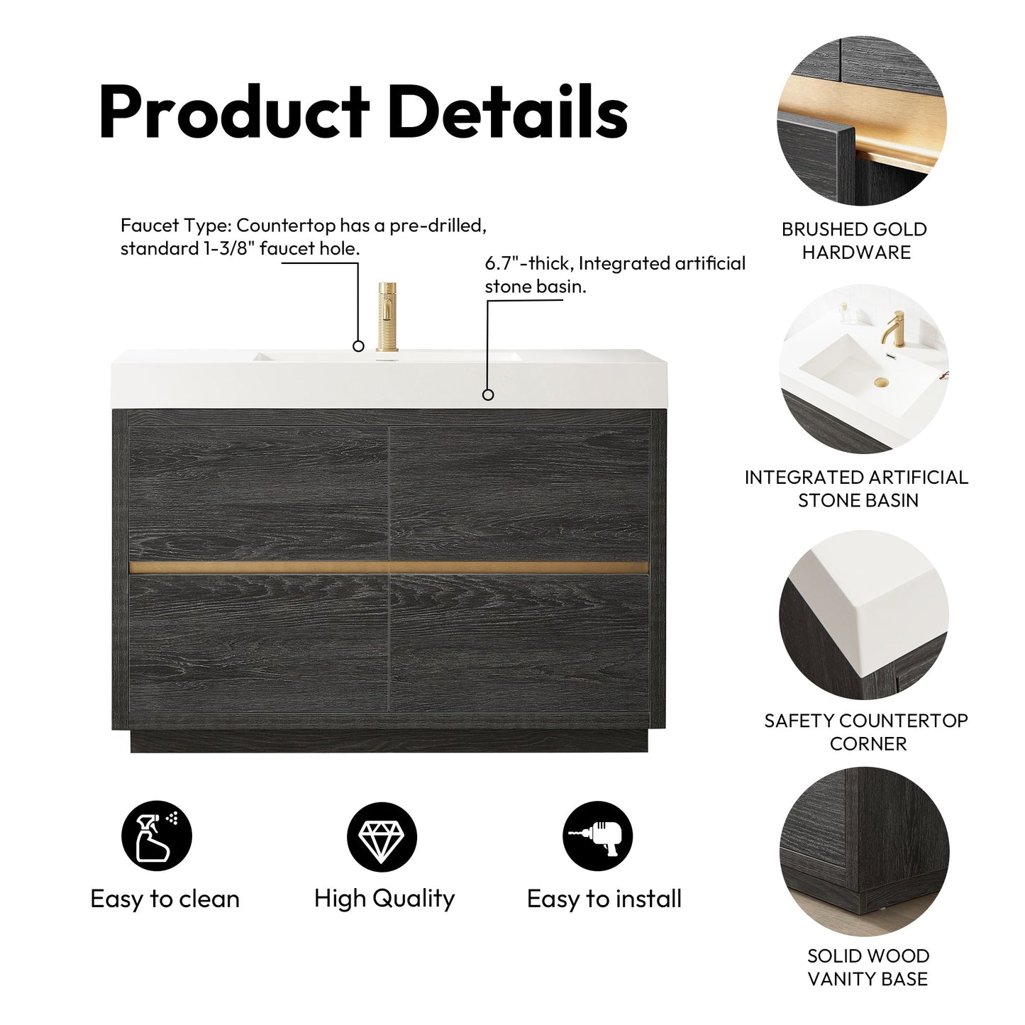 Huesca 48" Single Sink Bath Vanity in North American Black Oak with White Composite Integral Square Sink Top