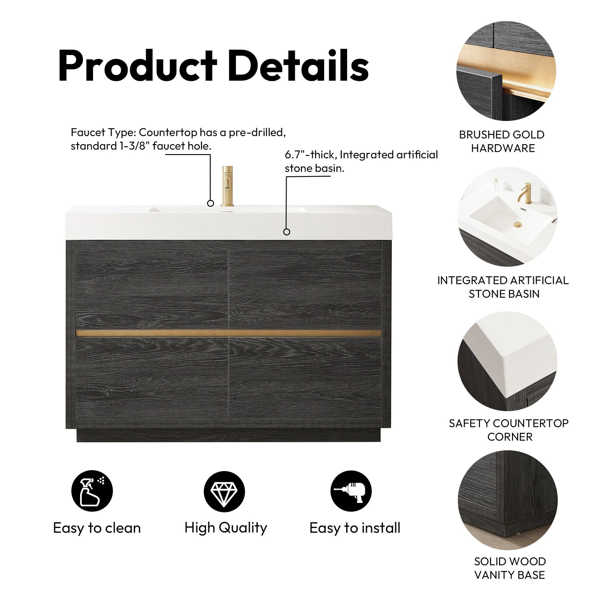 Huesca 48" Single Sink Bath Vanity in North American Black Oak with White Composite Integral Square Sink Top