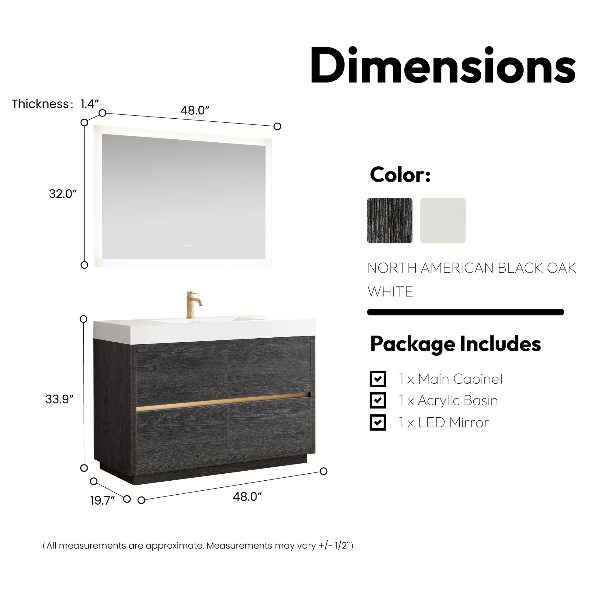 Huesca 48" Single Sink Bath Vanity in North American Black Oak with White Composite Integral Square Sink Top
