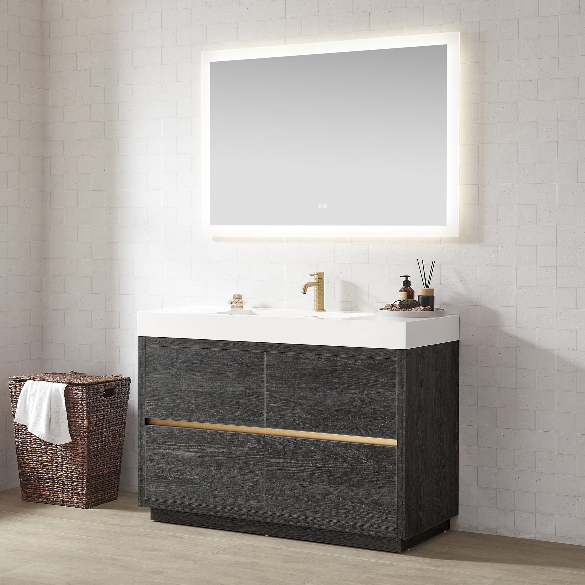 Huesca 48" Single Sink Bath Vanity in North American Black Oak with White Composite Integral Square Sink Top