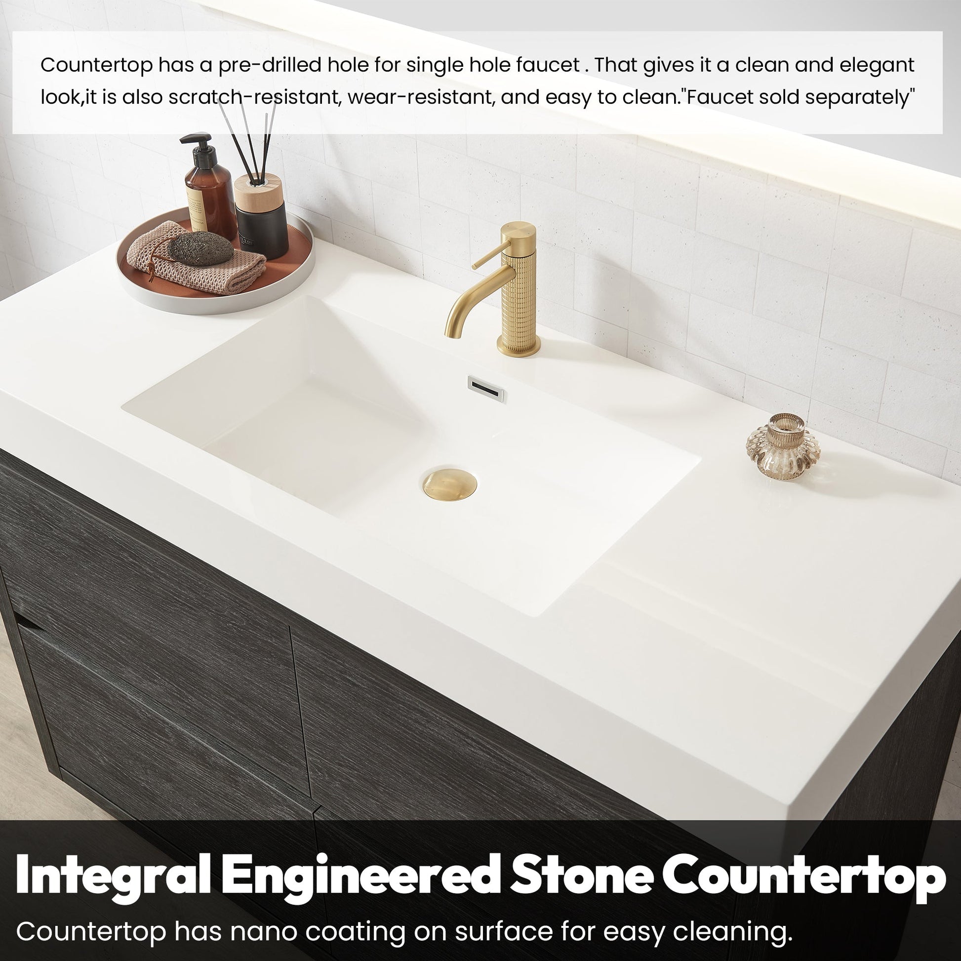 Huesca 48" Single Sink Bath Vanity in North American Black Oak with White Composite Integral Square Sink Top