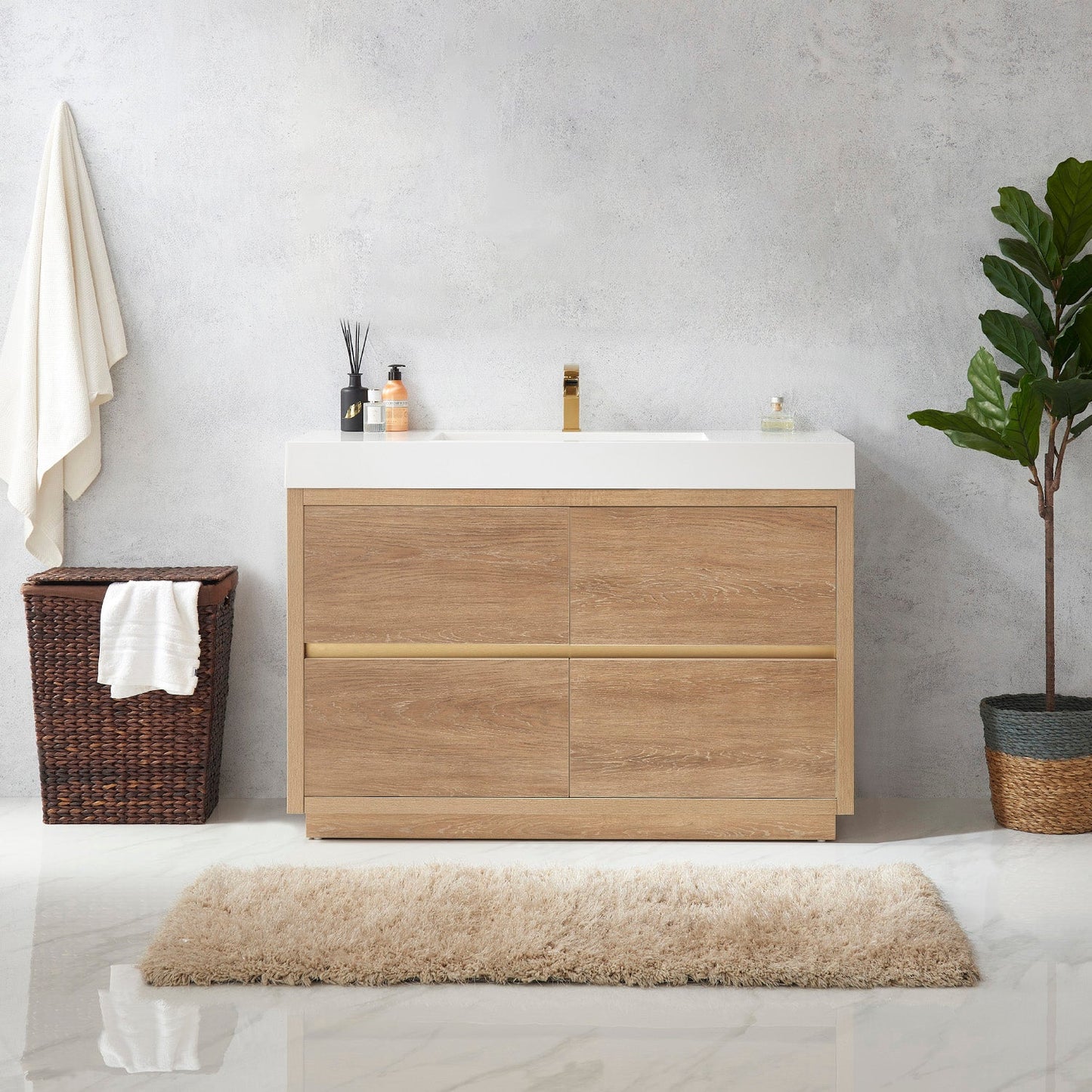 Huesca 48" Single Sink Bath Vanity in North American Oak with White Composite Integral Square Sink Top