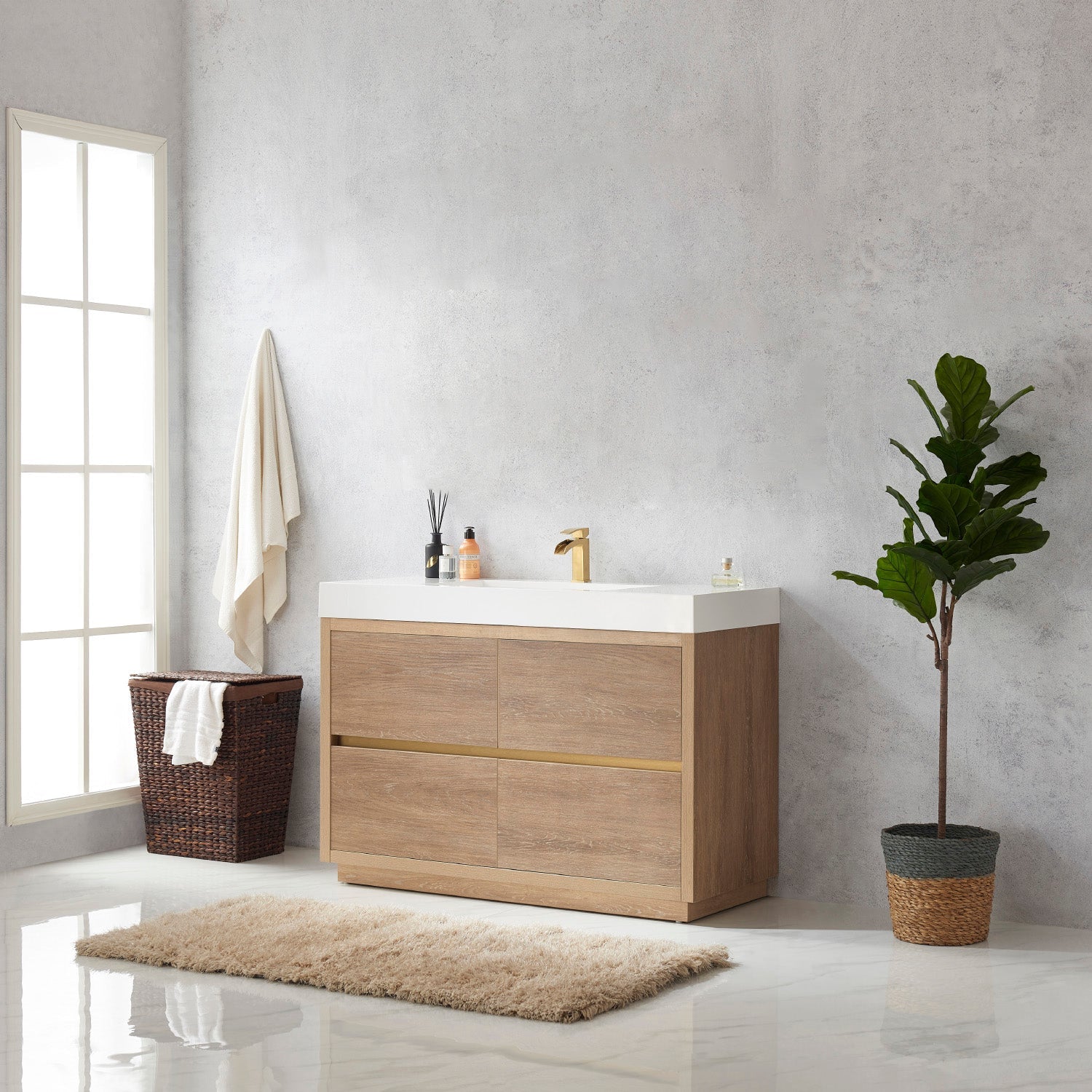 Huesca 48" Single Sink Bath Vanity in North American Oak with White Composite Integral Square Sink Top