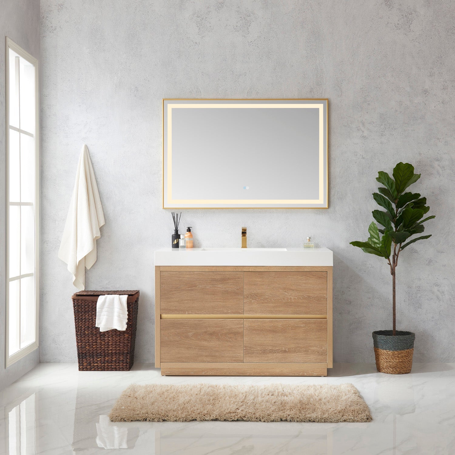 Huesca 48" Single Sink Bath Vanity in North American Oak with White Composite Integral Square Sink Top