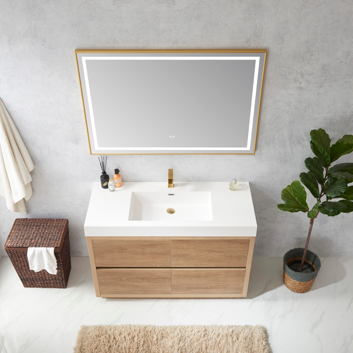 Huesca 48" Single Sink Bath Vanity in North American Oak with White Composite Integral Square Sink Top