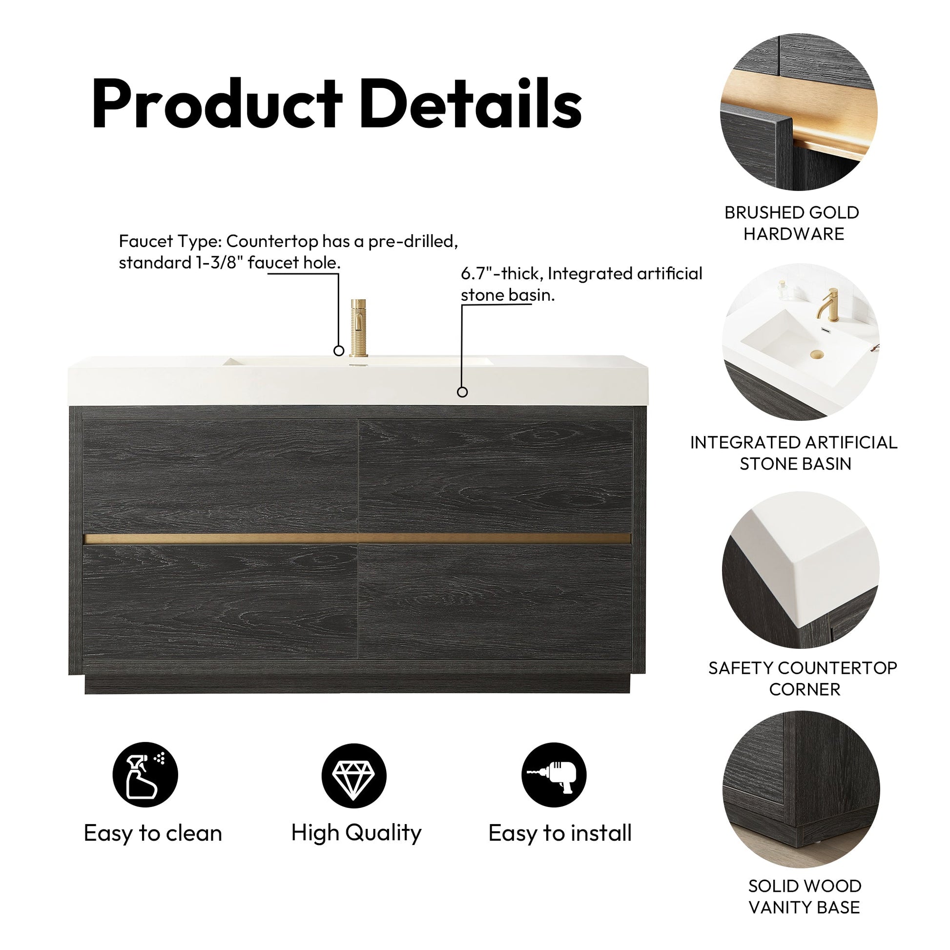 Huesca 60" Single Sink Bath Vanity in North American Black Oak with White Composite Integral Square Sink Top