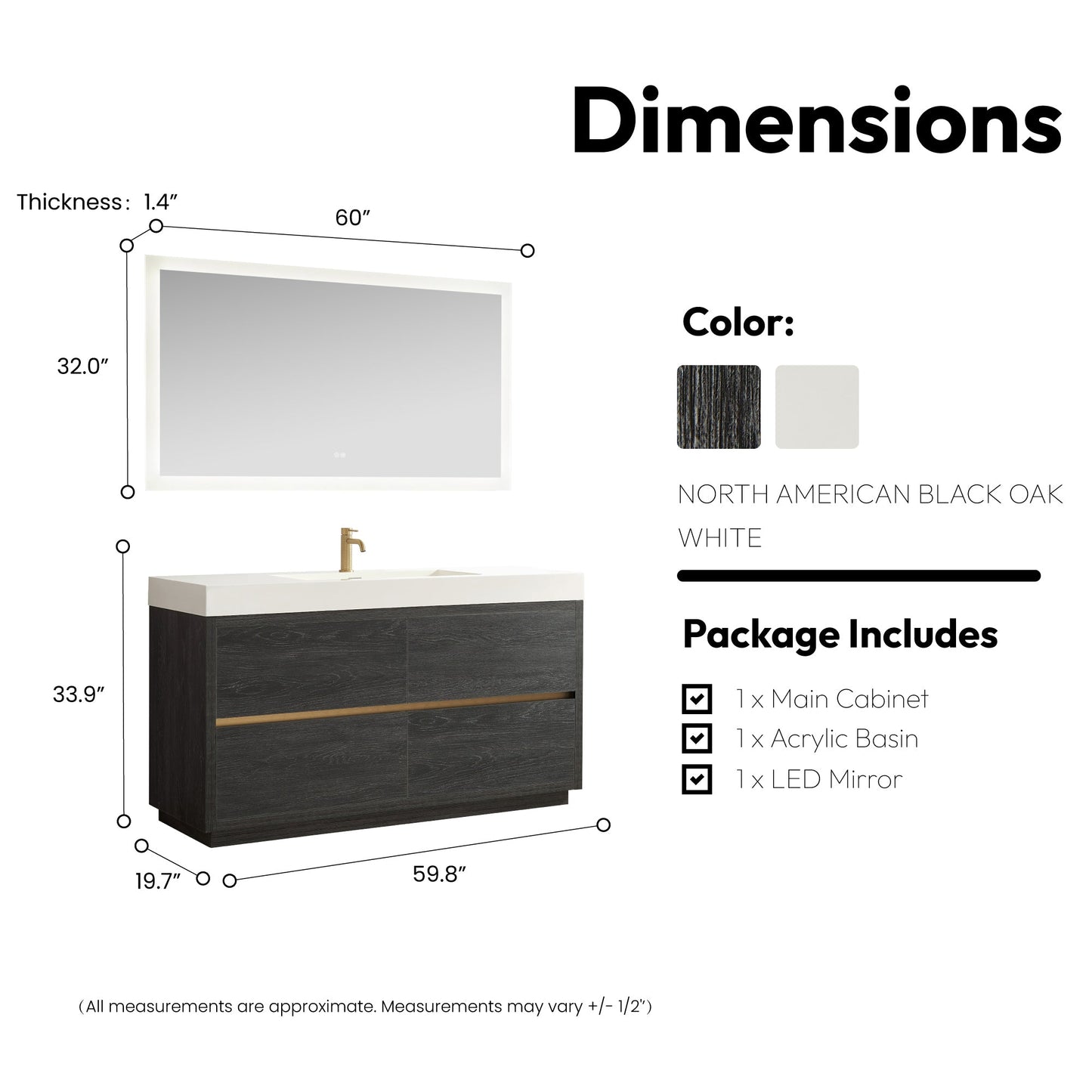 Huesca 60" Single Sink Bath Vanity in North American Black Oak with White Composite Integral Square Sink Top