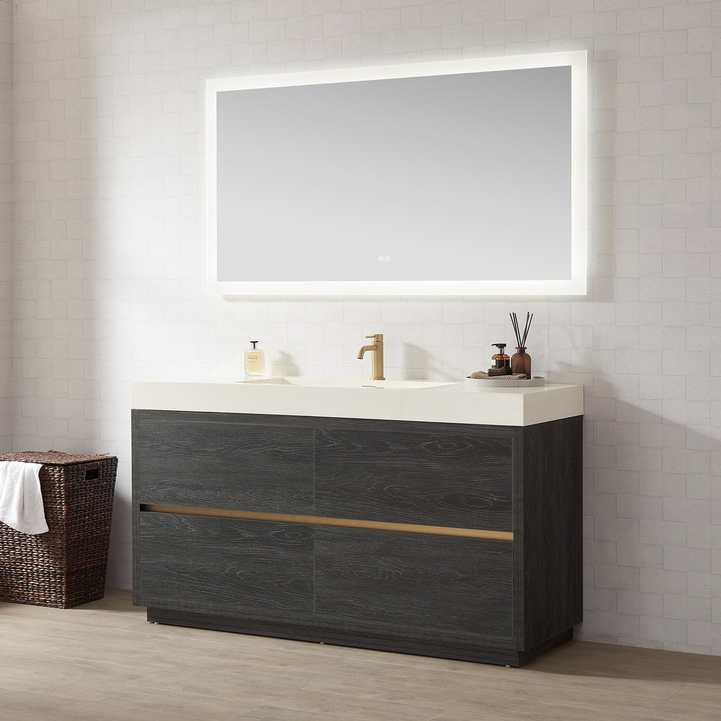 Huesca 60" Single Sink Bath Vanity in North American Black Oak with White Composite Integral Square Sink Top