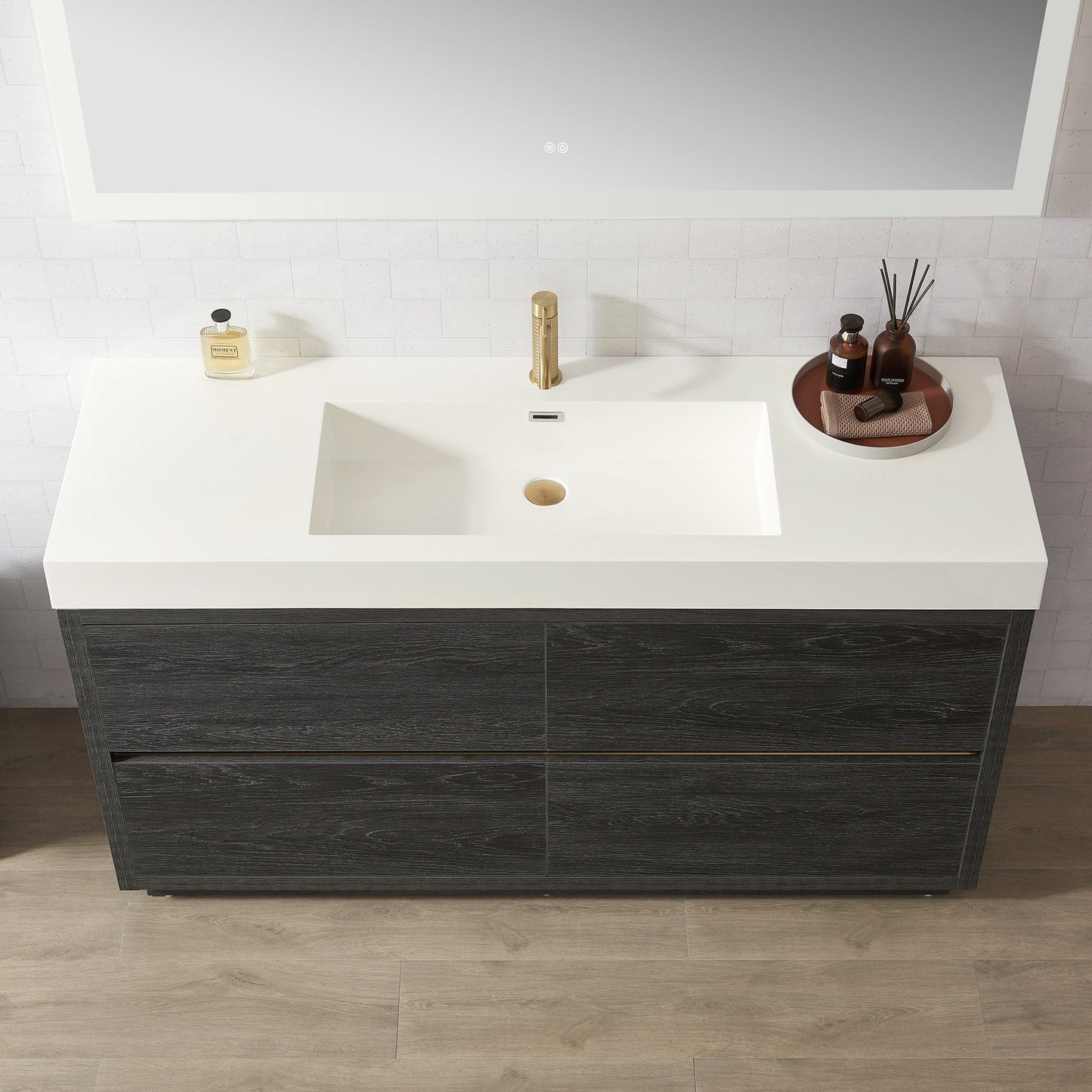 Huesca 60" Single Sink Bath Vanity in North American Black Oak with White Composite Integral Square Sink Top