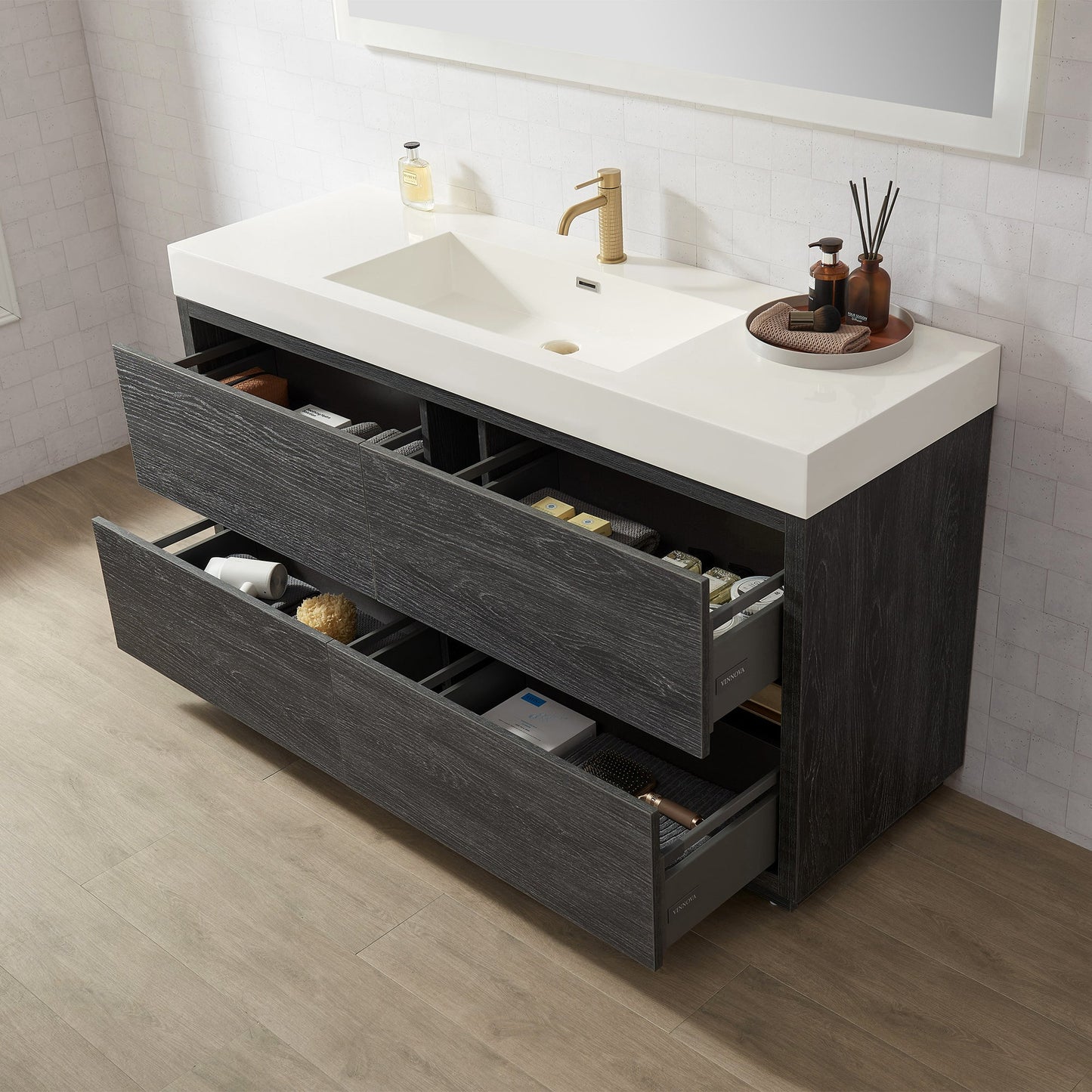 Huesca 60" Single Sink Bath Vanity in North American Black Oak with White Composite Integral Square Sink Top