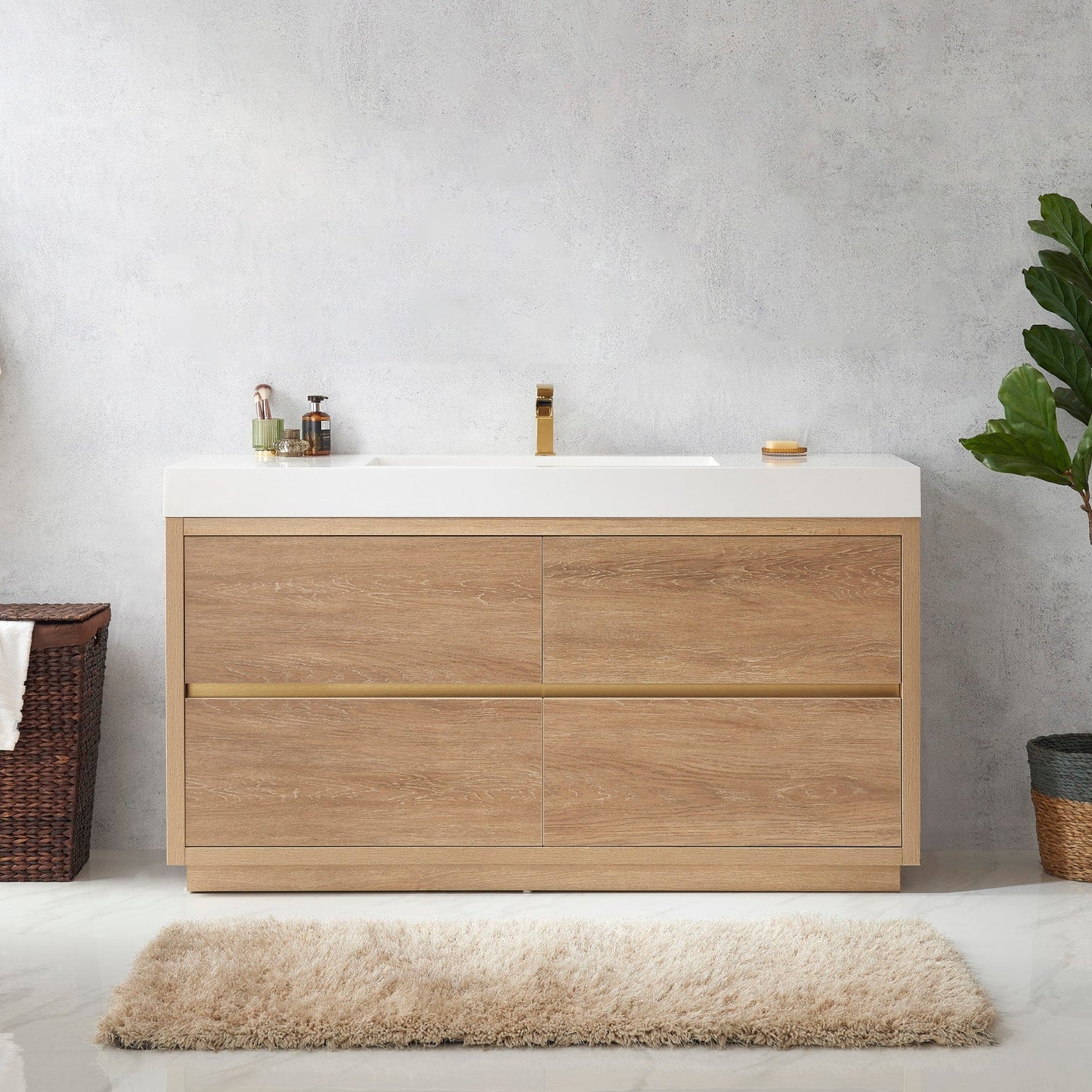 Huesca 60" Single Sink Bath Vanity in North American Oak with White Composite Integral Square Sink Top