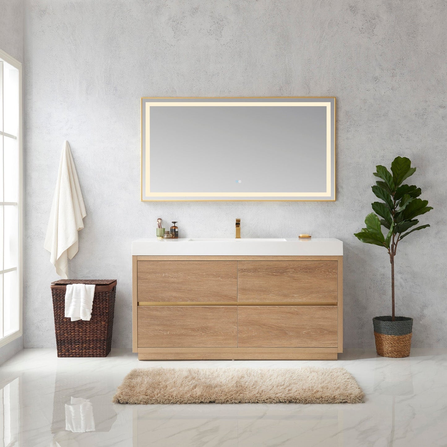 Huesca 60" Single Sink Bath Vanity in North American Oak with White Composite Integral Square Sink Top