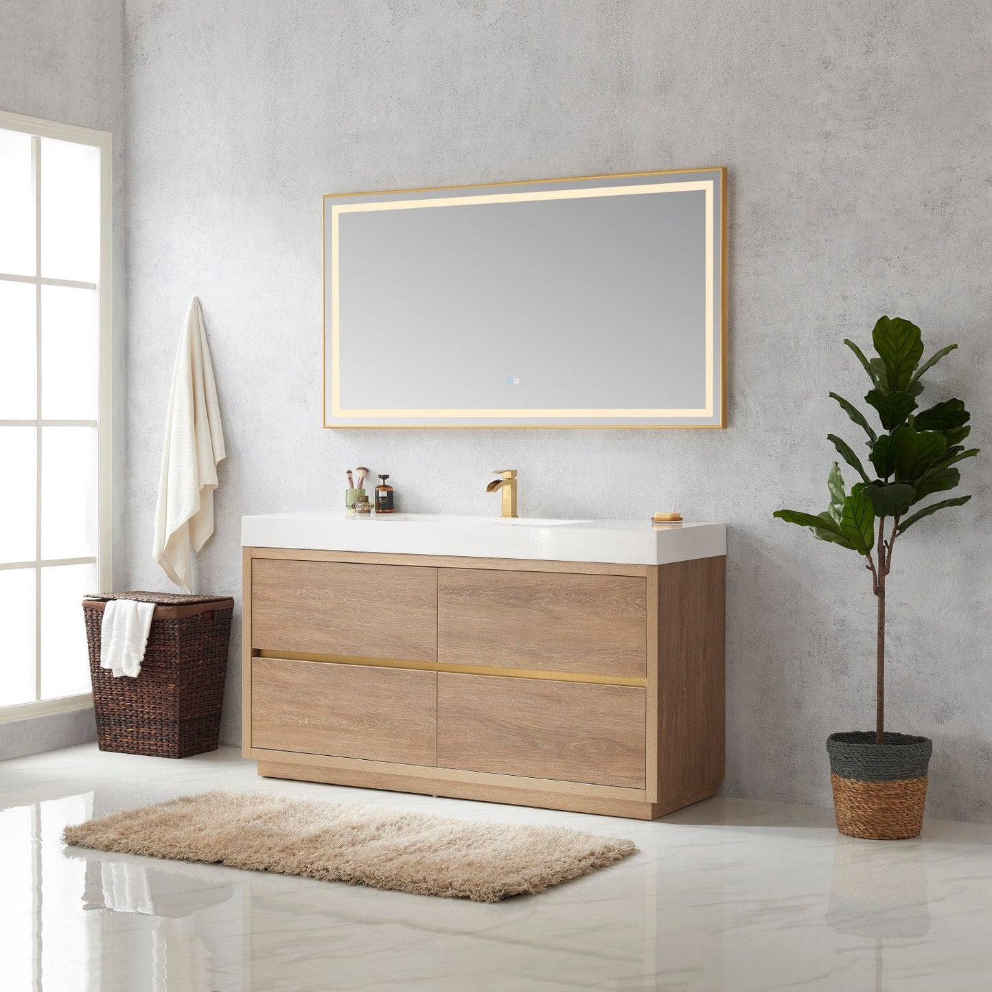 Huesca 60" Single Sink Bath Vanity in North American Oak with White Composite Integral Square Sink Top