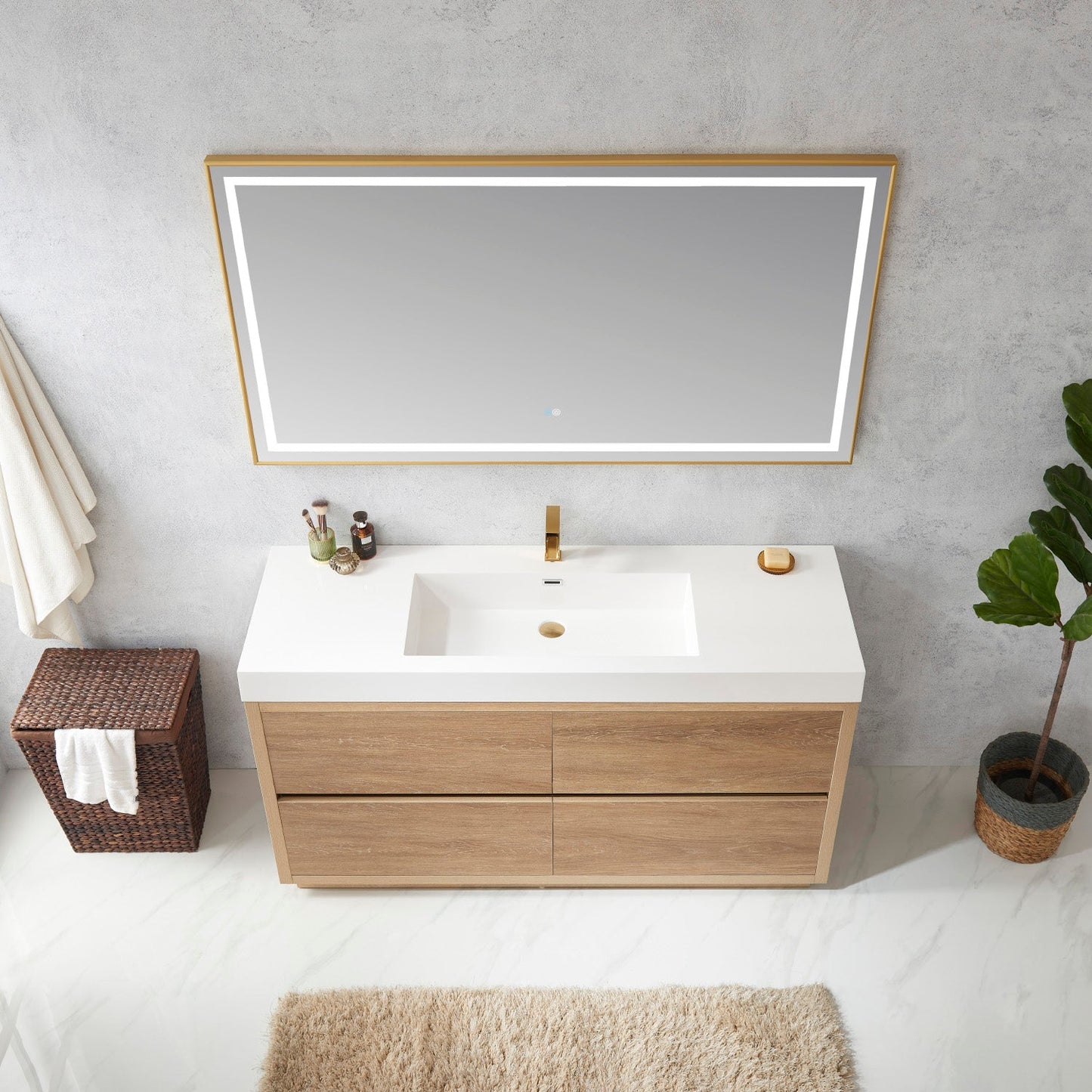 Huesca 60" Single Sink Bath Vanity in North American Oak with White Composite Integral Square Sink Top