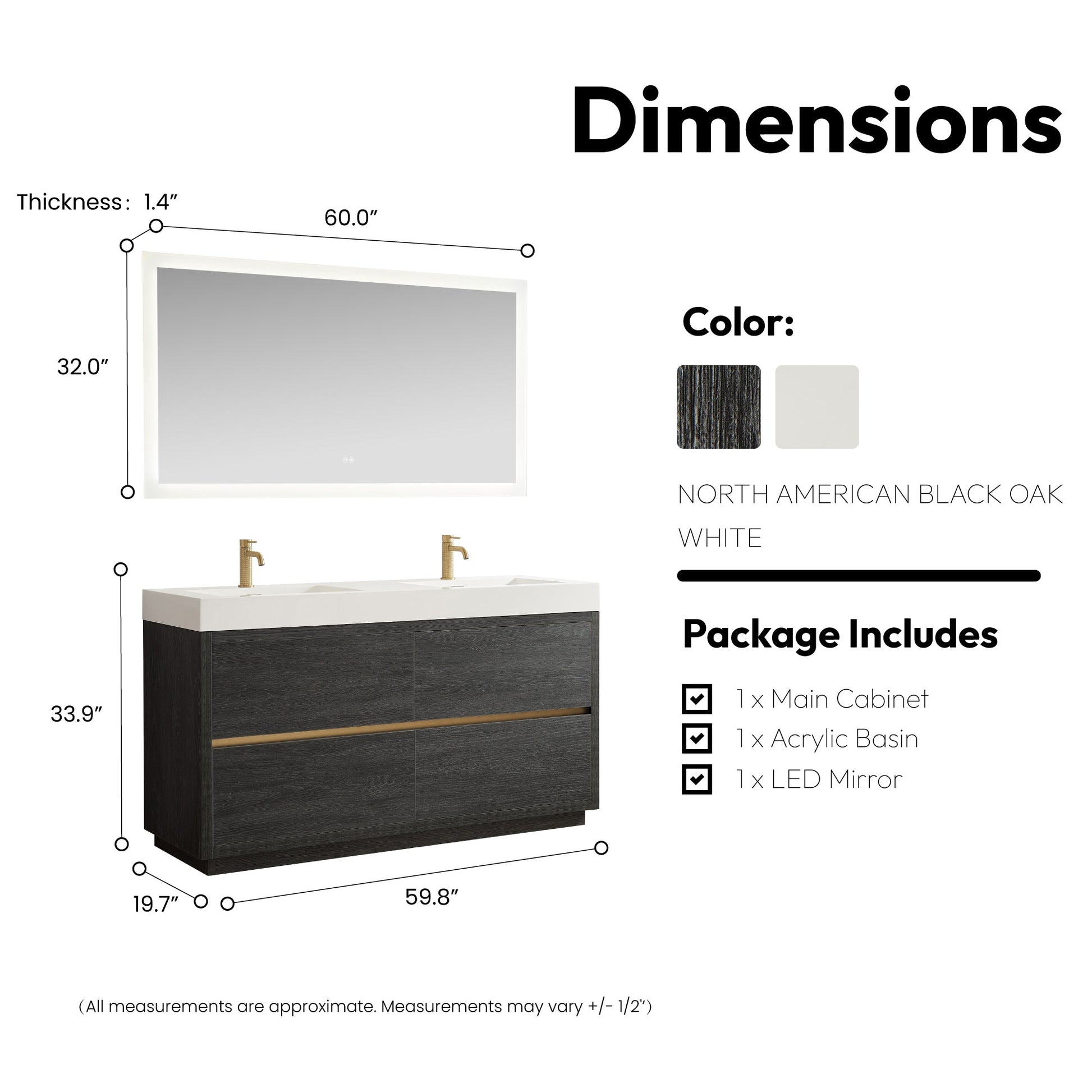 Huesca 60" Single Sink Bath Vanity in North American Black Oak with White Composite Integral Square Sink Top