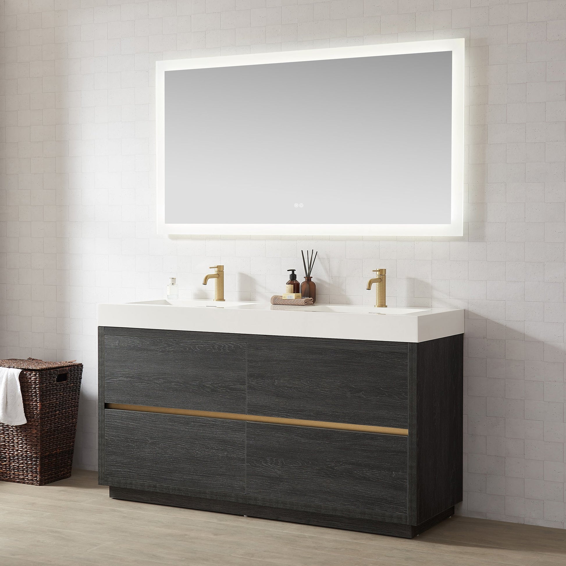 Huesca 60M" Double Sink Bath Vanity in North American Black Oak with White Composite Integral Square Sink Top