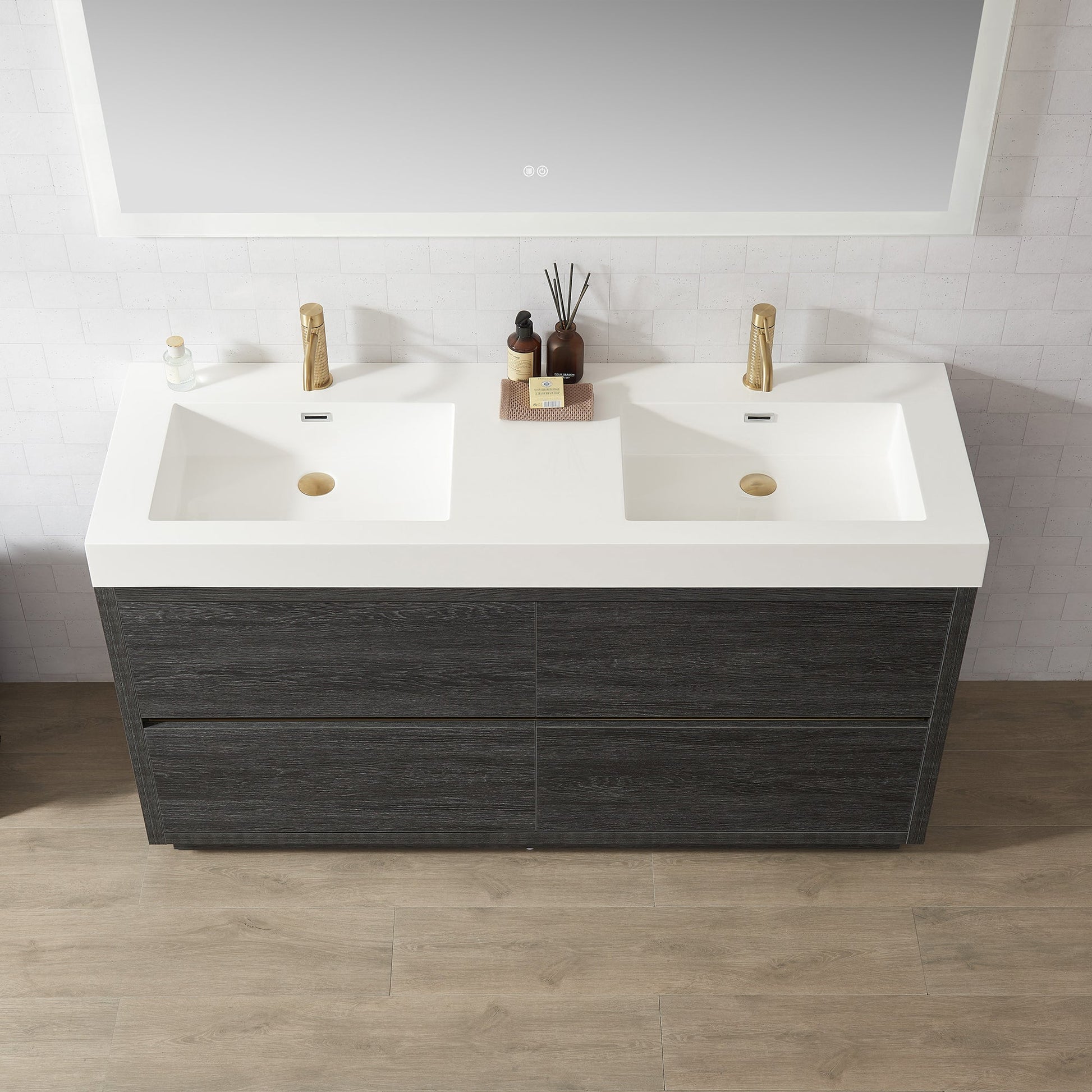 Huesca 60M" Double Sink Bath Vanity in North American Black Oak with White Composite Integral Square Sink Top