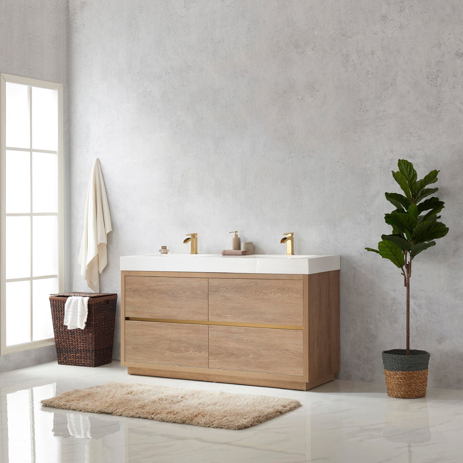 Huesca 60M" Double Sink Bath Vanity in North American Oak with White Composite Integral Square Sink Top