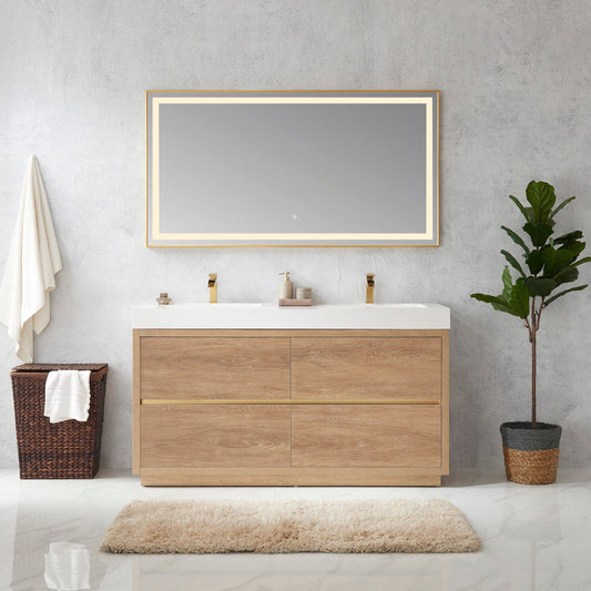 Huesca 60M" Double Sink Bath Vanity in North American Oak with White Composite Integral Square Sink Top