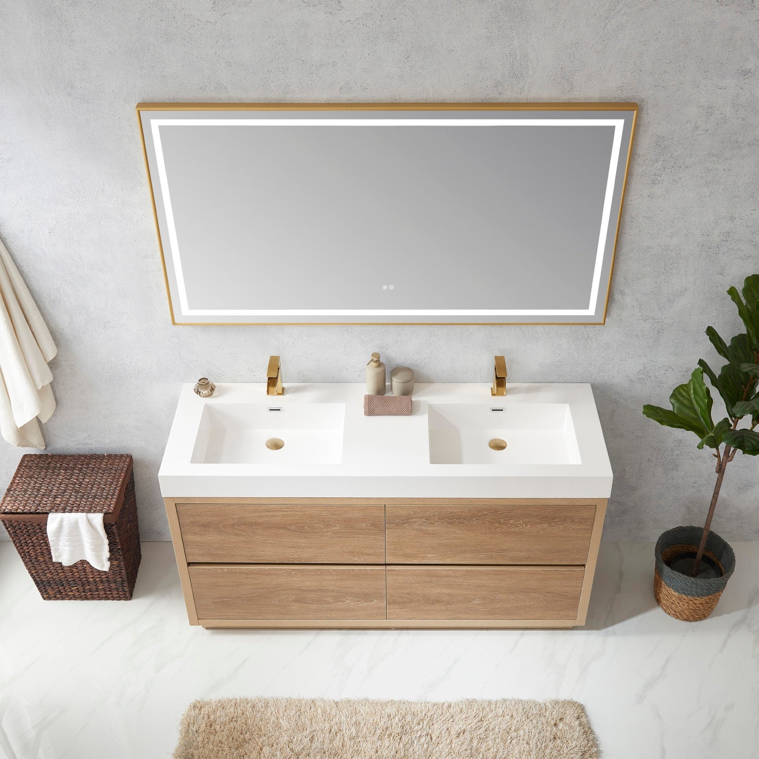 Huesca 60M" Double Sink Bath Vanity in North American Oak with White Composite Integral Square Sink Top