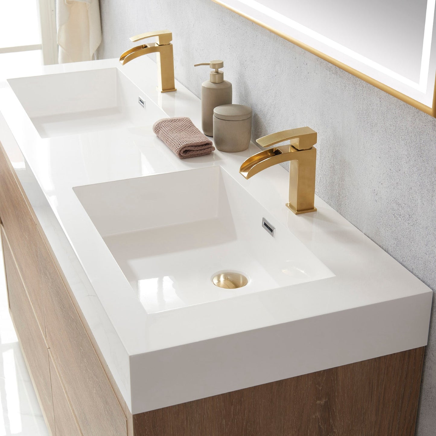 Huesca 60M" Double Sink Bath Vanity in North American Oak with White Composite Integral Square Sink Top