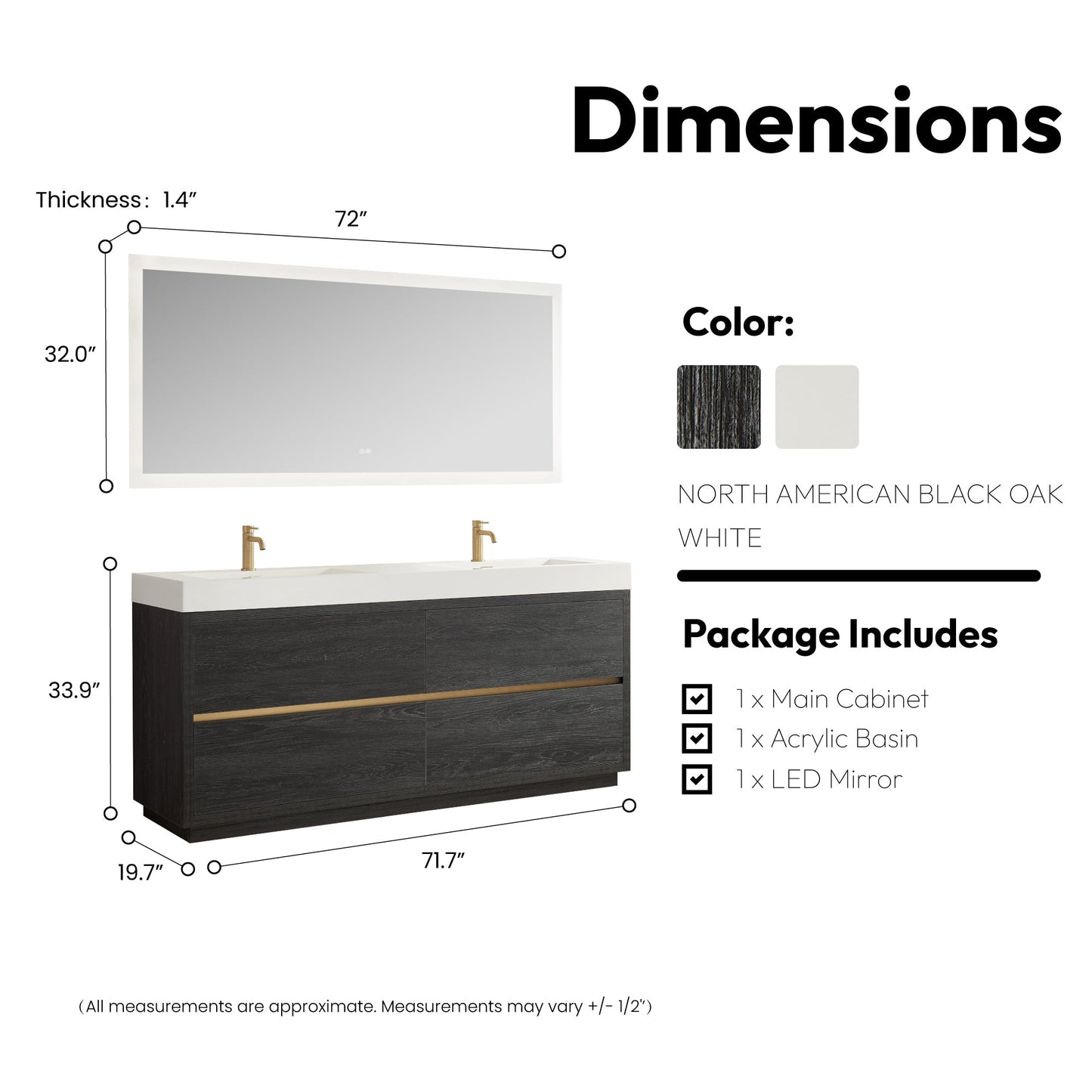 Huesca 72" Double Sink Bath Vanity in North American Black Oak with White Composite Integral Square Sink Top