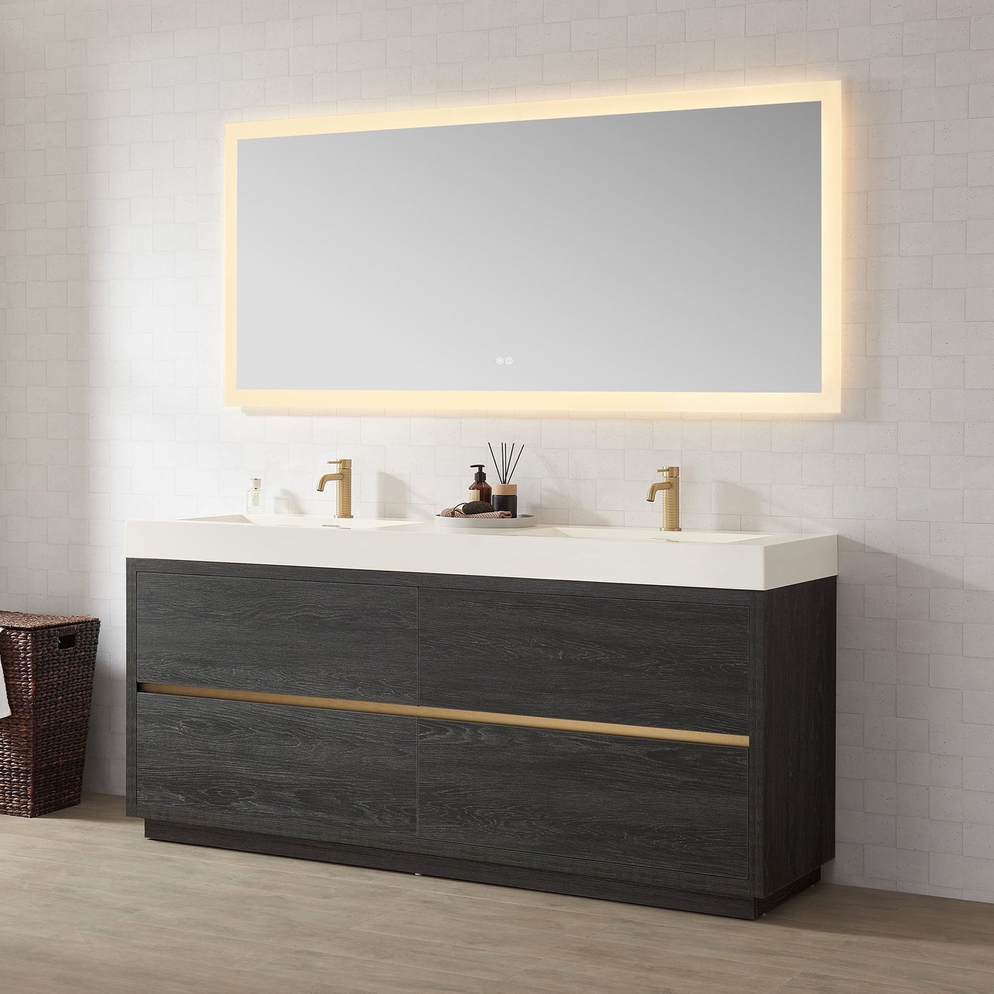 Huesca 72" Double Sink Bath Vanity in North American Black Oak with White Composite Integral Square Sink Top