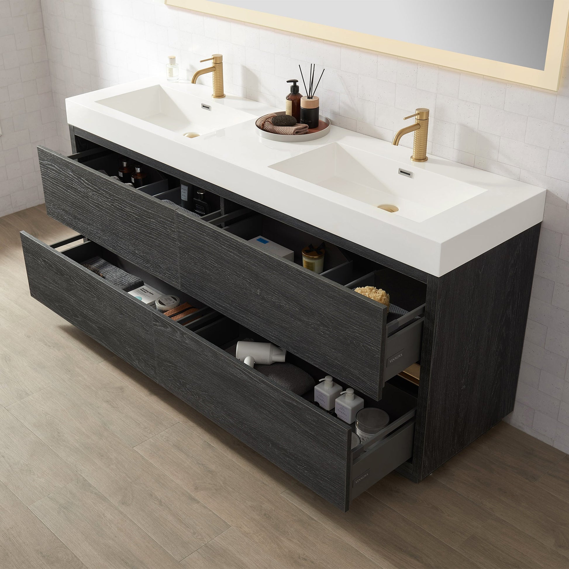 Huesca 72" Double Sink Bath Vanity in North American Black Oak with White Composite Integral Square Sink Top