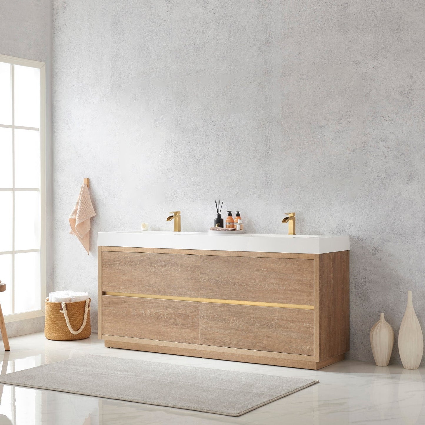 Huesca 72" Double Sink Bath Vanity in North American Oak with White Composite Integral Square Sink Top