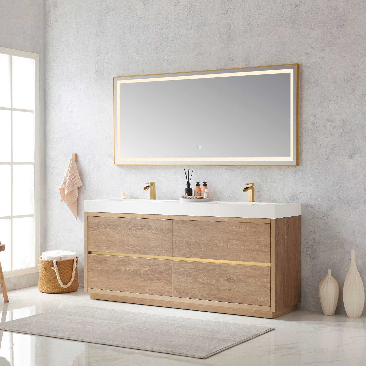 Huesca 72" Double Sink Bath Vanity in North American Oak with White Composite Integral Square Sink Top