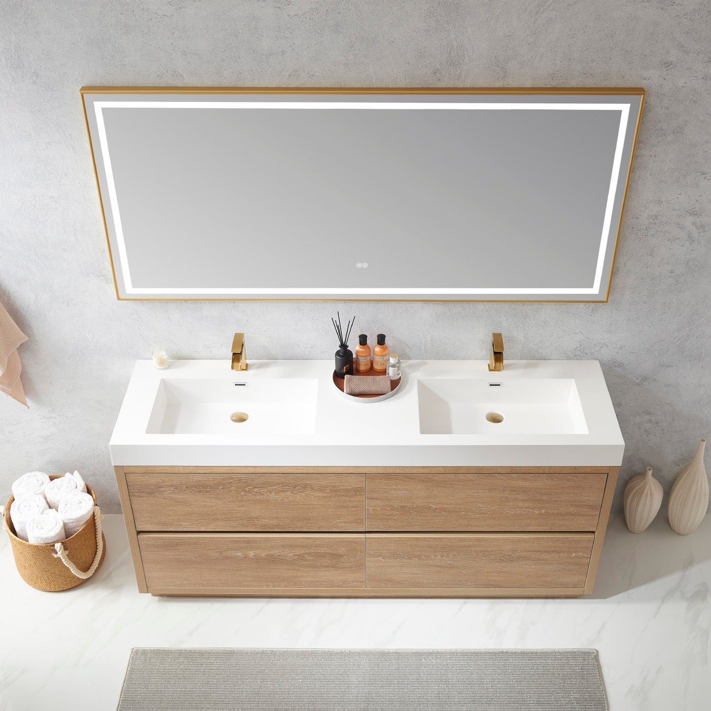 Huesca 72" Double Sink Bath Vanity in North American Oak with White Composite Integral Square Sink Top