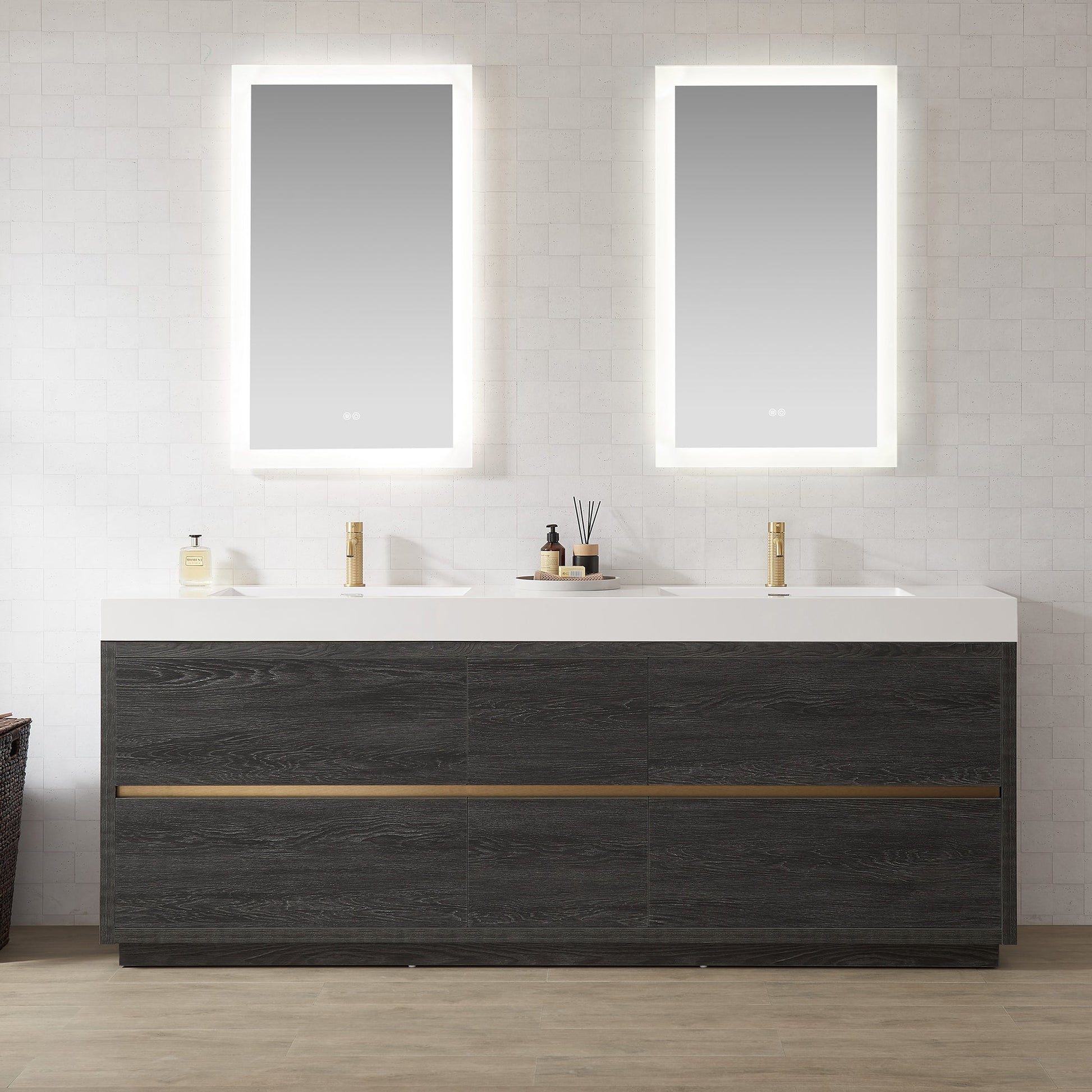 Huesca 84" Double Sink Bath Vanity in North American Black Oak with White Composite Integral Square Sink Top