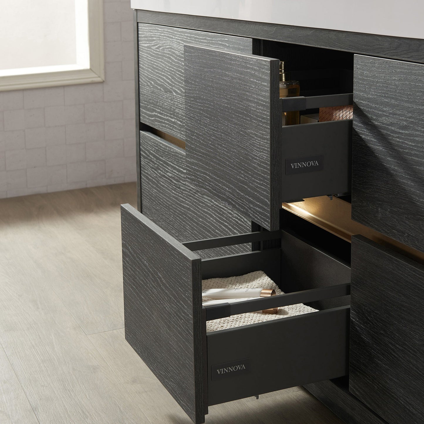 Huesca 84" Double Sink Bath Vanity in North American Black Oak with White Composite Integral Square Sink Top