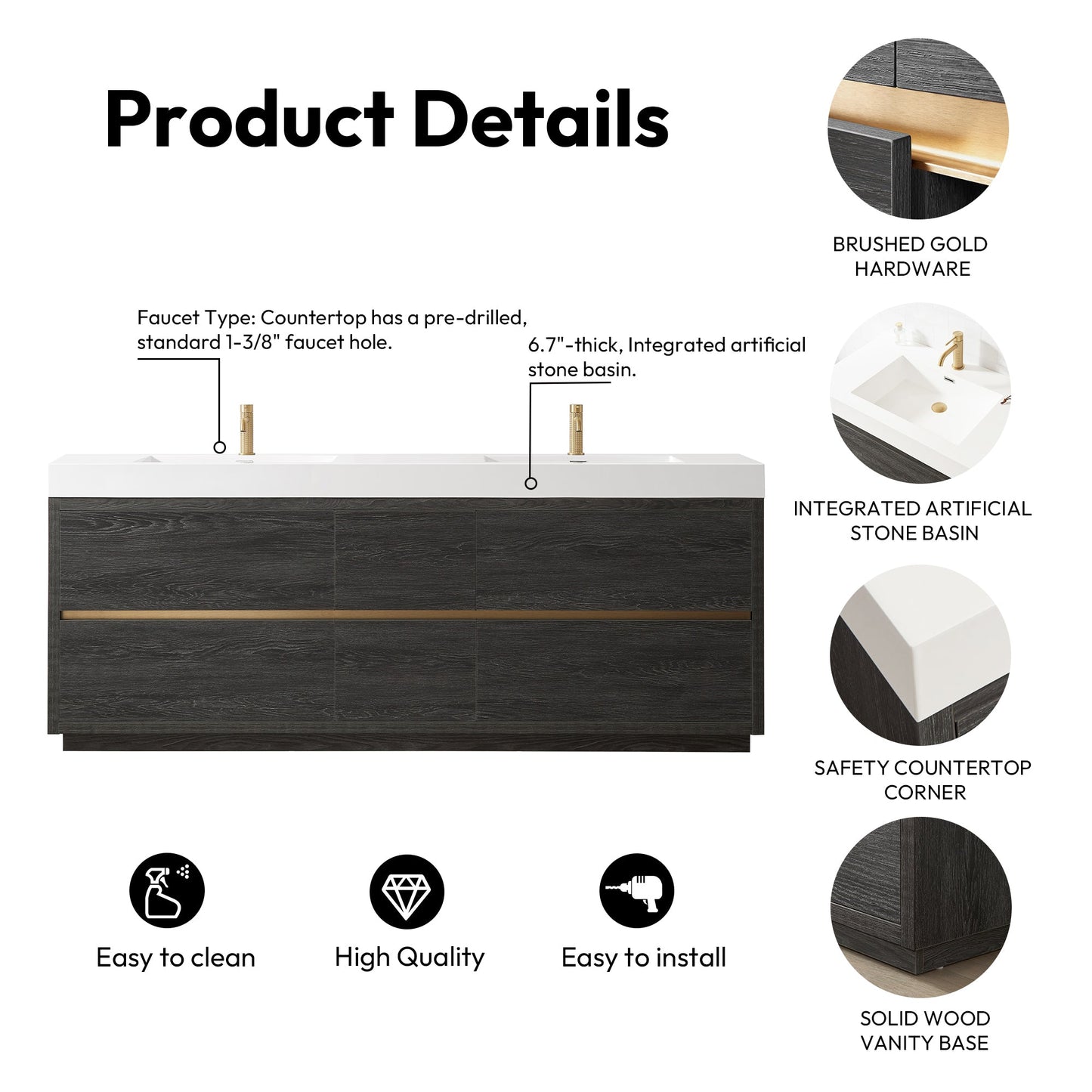 Huesca 84" Double Sink Bath Vanity in North American Black Oak with White Composite Integral Square Sink Top