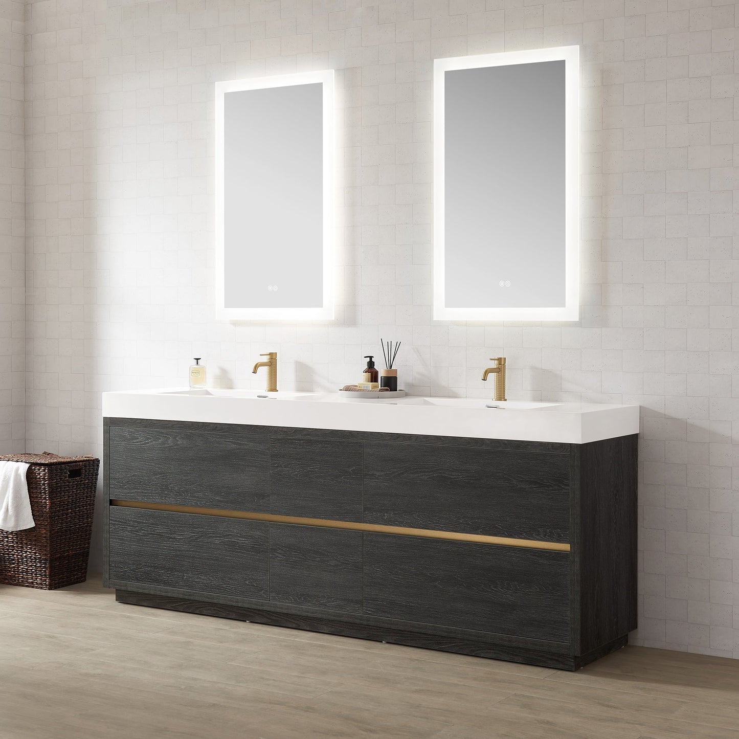 Huesca 84" Double Sink Bath Vanity in North American Black Oak with White Composite Integral Square Sink Top