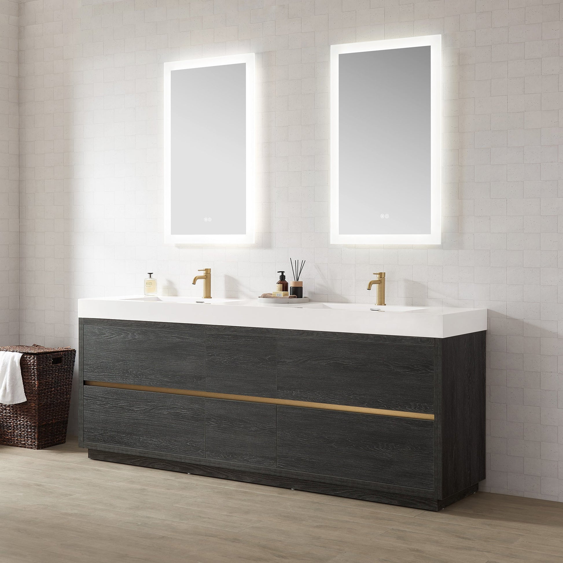 Huesca 84" Double Sink Bath Vanity in North American Black Oak with White Composite Integral Square Sink Top