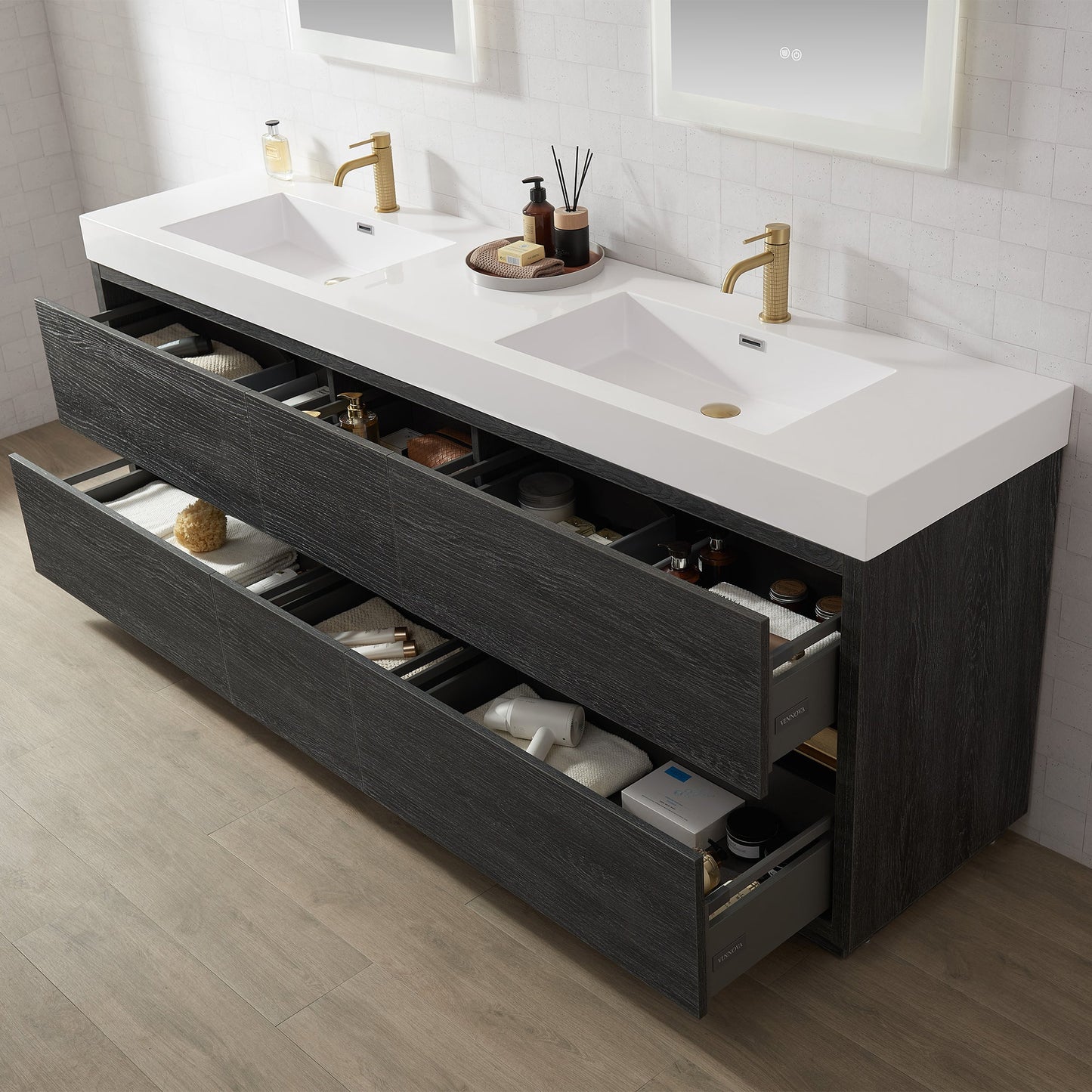Huesca 84" Double Sink Bath Vanity in North American Black Oak with White Composite Integral Square Sink Top