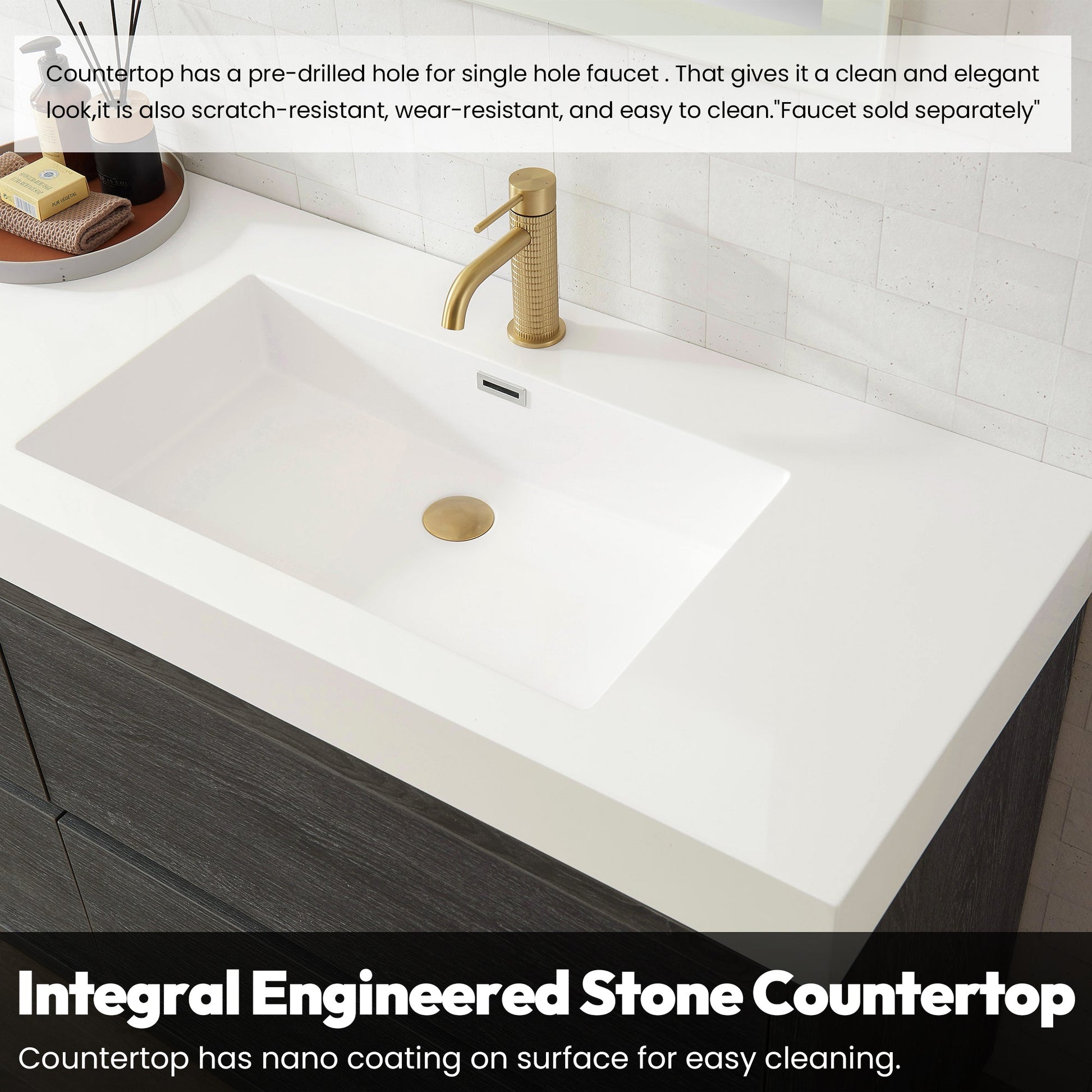 Huesca 84" Double Sink Bath Vanity in North American Black Oak with White Composite Integral Square Sink Top