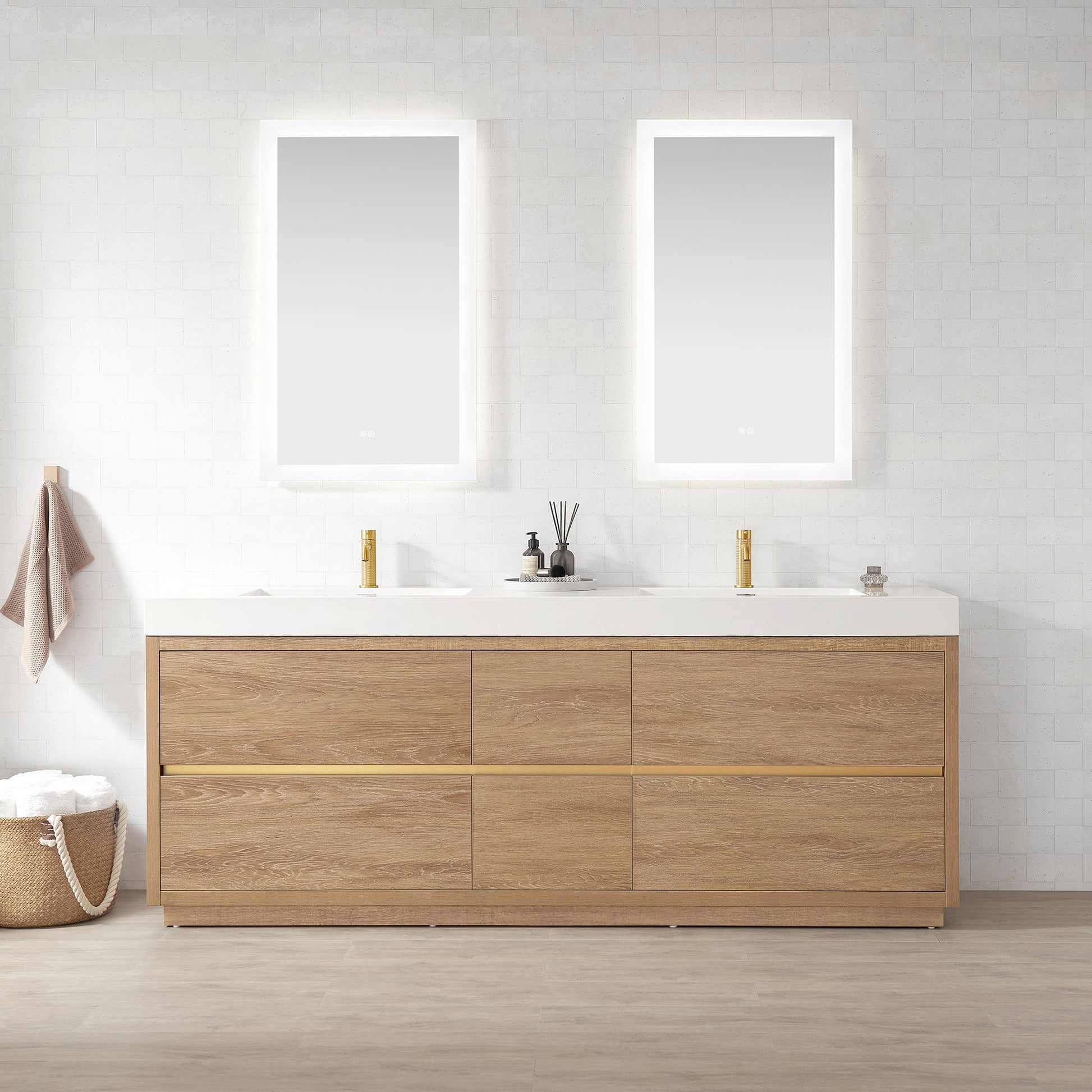 Huesca 84" Double Sink Bath Vanity in North American Oak with White Composite Integral Square Sink Top