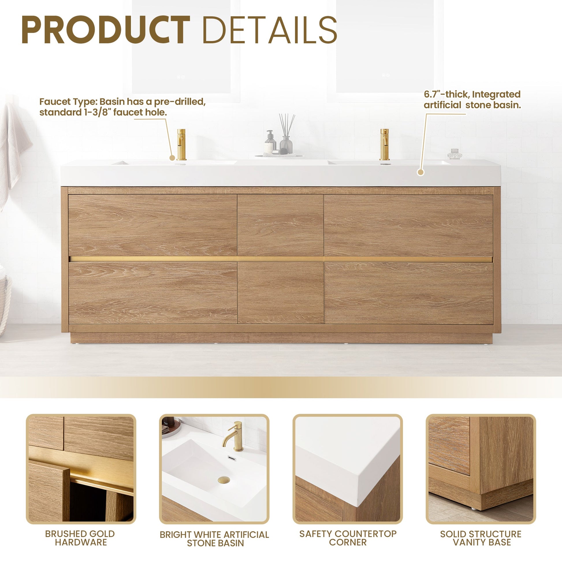 Huesca 84" Double Sink Bath Vanity in North American Oak with White Composite Integral Square Sink Top