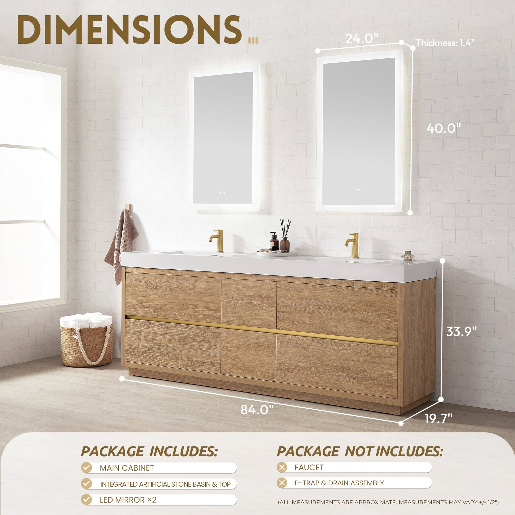 Huesca 84" Double Sink Bath Vanity in North American Oak with White Composite Integral Square Sink Top
