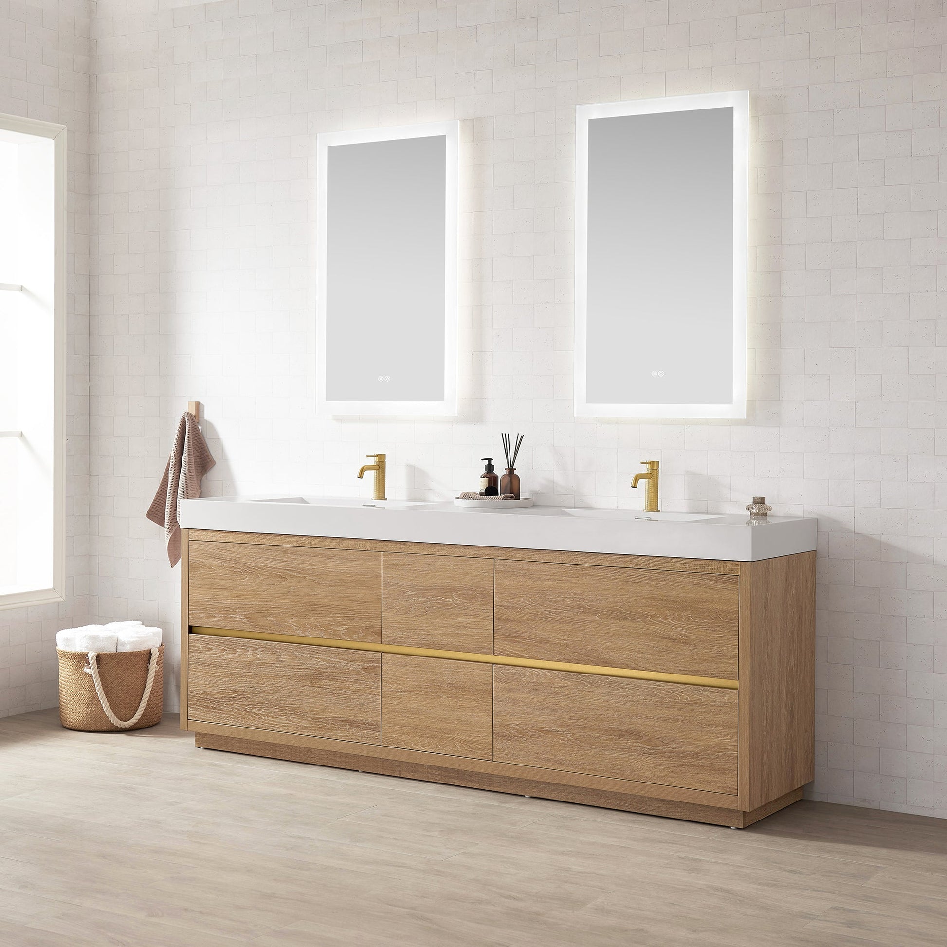 Huesca 84" Double Sink Bath Vanity in North American Oak with White Composite Integral Square Sink Top