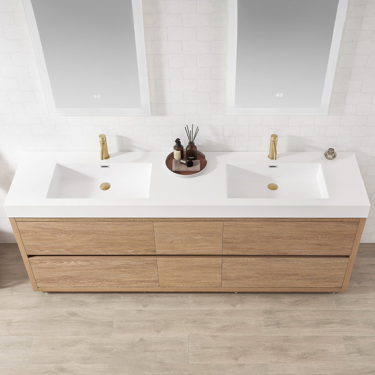 Huesca 84" Double Sink Bath Vanity in North American Oak with White Composite Integral Square Sink Top