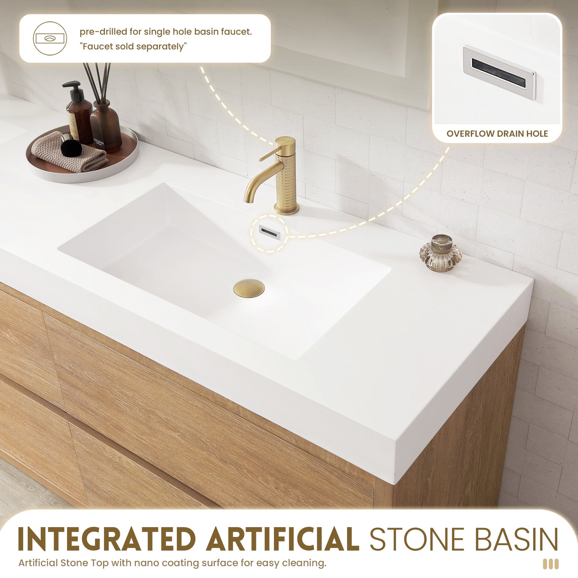 Huesca 84" Double Sink Bath Vanity in North American Oak with White Composite Integral Square Sink Top