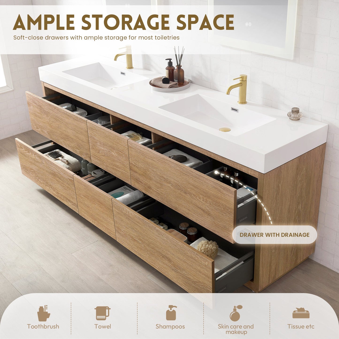 Huesca 84" Double Sink Bath Vanity in North American Oak with White Composite Integral Square Sink Top